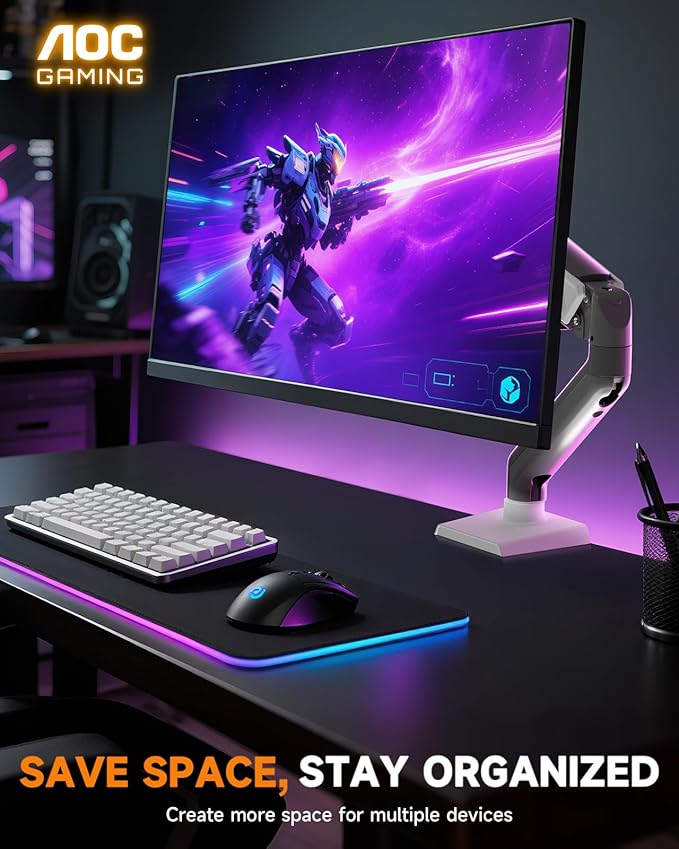 AOC Monitor Mount, Adjustable Single Monitor Arm for 17–32 Inch Screens, Fits 4.4–19.8lbs, Cable Management, VESA 75x75/100x100, C-Clamp & Grommet Base