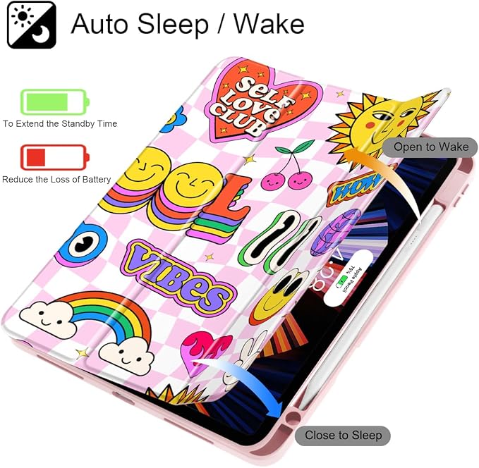 May Chen for iPad Pro 13 Inch Case M5 2025 / M4 2024, Built Pencil Holder & Clear Transparent Print Back Shell Slim Stand Shockproof Tablet Cover, Auto Wake/Sleep, Groovy