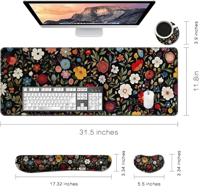 MIBITRI Keyboard Mouse Pad Set, Extended Gaming Mouse Pad+Ergonomics Keyboard Wrist Rest Support, Memory Foam, Easy Typing Pain Relief, 4Pcs XXL Ultra Thick Desk Mat, Red Florals