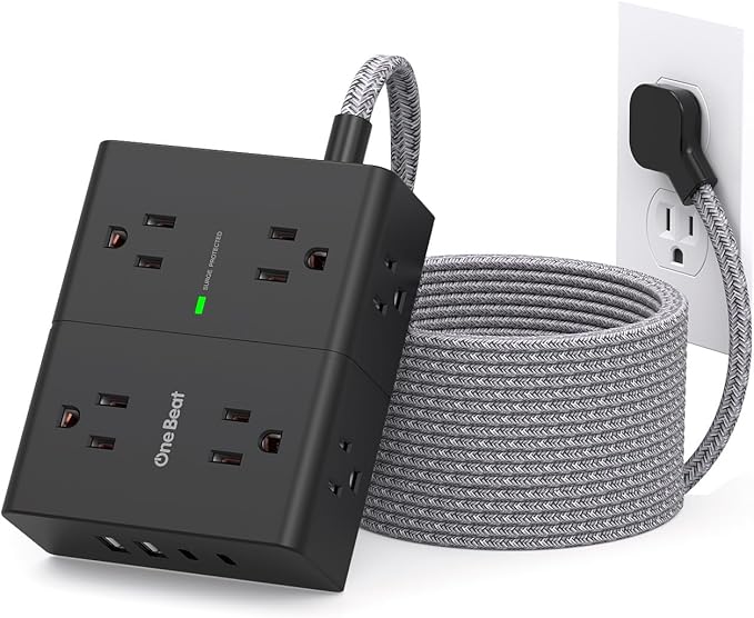 Surge Protector Power Strip 15 Ft Cord, Ultra Thin Flat Extension Cord with 8 Outlets 4 USB Ports(2 USB C), Flat Plug Power Strip, 15 Ft Long Braided Power Strip for Home, Office, Dorm Room, Black