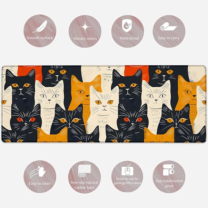 Artistic Cat Gaming Mouse Pad, Large Bold and Colorful Kitten Desk Mat for Laptop Keyboard Computer, Non-Slip Rubber Base Desktop Extended Mousepad for Office Home Accessories 31.5"×11.8"