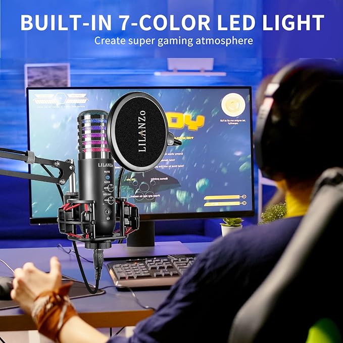 USB Condenser Microphone for PC PS4, PS5 Streaming Singing Podcast Studio, Computer Cardioid Gaming Mic Kit for Recording YouTube with Boom Arm Stand Pop Filter, Mute Button, Volume, Echo