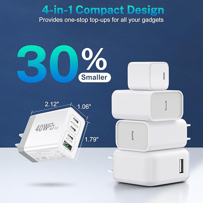 USB C Charger Block 40W Type C Fast Charging Blocks Multiport USB Wall Charger Plug Power Adapter Outlet Phone Accessories 4Port for iPhone 15 Pro Max XS, iPad, Samsung Tablet (White)