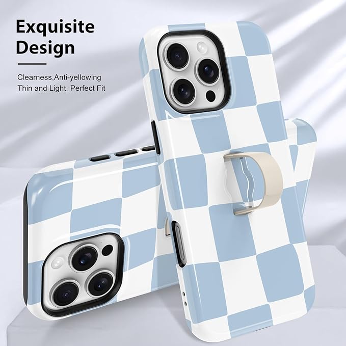 KANGHAR Compatible with iPhone 16 Pro Case, Support for MagSafe, Silicone Checkered Cute Pattern, Finger Hold Wristband Kickstand Camera Protection Soft Slim Phone Case for Girls Women -Light Blue