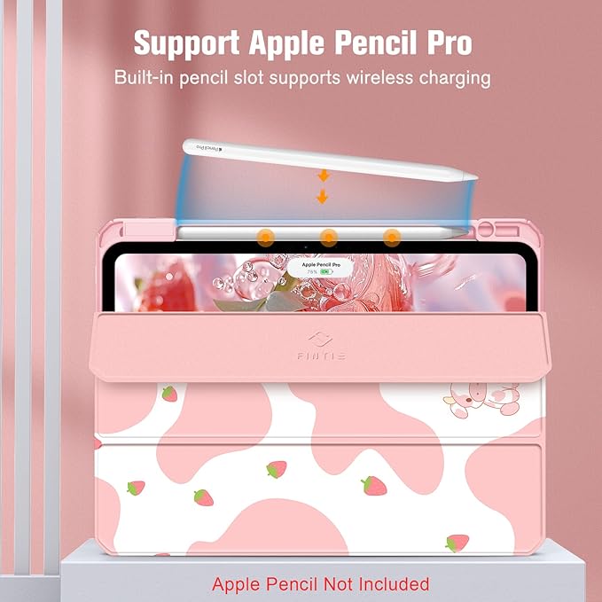 Fintie Hybrid Slim Case for iPad Pro 11-inch (M5) 2025 / (M4) 2024 - [Built-in Pencil Holder] Shockproof Protective Cover with Clear Transparent Back Shell, Strawberry Cow