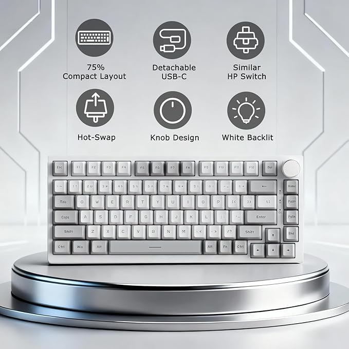 FIRSTBLOOD ONLY GAME. AK820 Wired 75% Mechanical Keyboard, Hot-Swappable Gasket-Mounted Gaming Keyboard with Red Switches, 81 PBT Keycaps Grey-White Layout, Multimedia Keys Knob, White Backlit