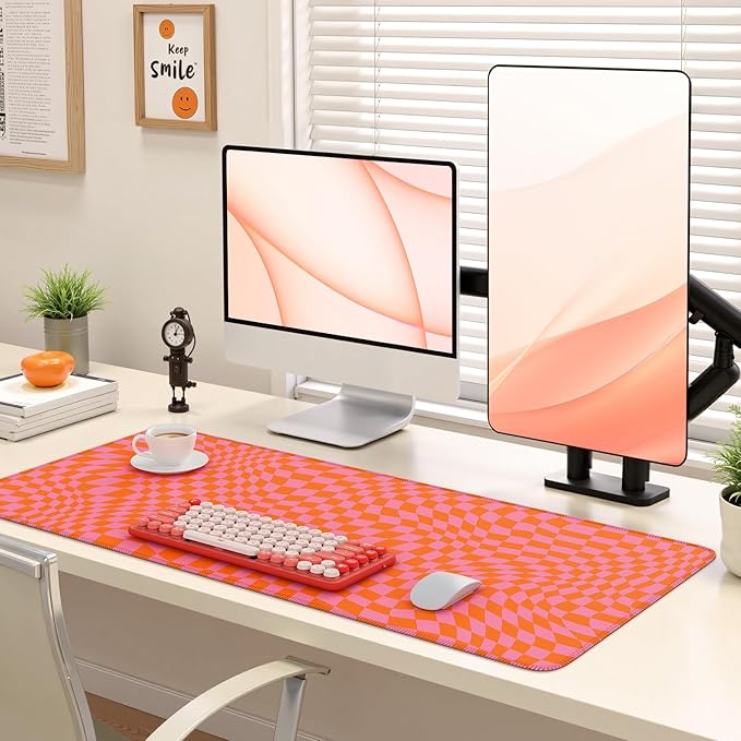 iCasso XXL Large Mouse Pad for Desk, Anti-Slip Big Mousepad with Stitched Edges, Keyboard Pad Mouse Mat for Computer (Orange Checkered)