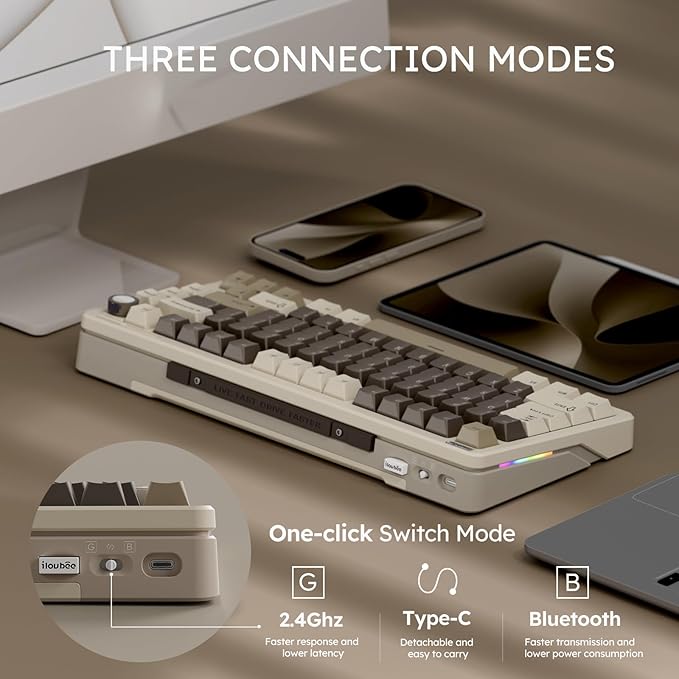 iLovBee B75 Wireless Mechanical Keyboard, 75% Percent Gaming Keyboard w/Bluetooth/2.4GHz/USB Wired, Creamy Hot Swappable Keyboards with Knob, Gasket Mounted PBT keycaps, Pre-Lubed Linear Switches