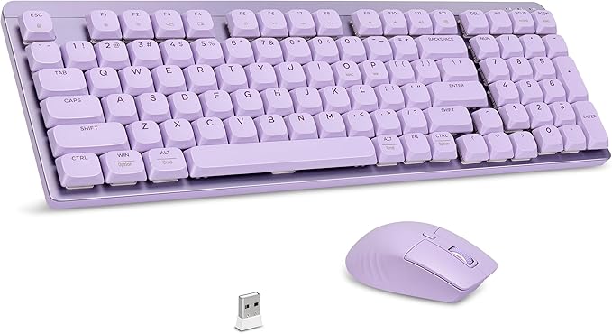 LeadsaiL Wireless Keyboard and Mouse Combo, 2.4Ghz Cordless Mechanical Keyboard and Silent Mouse for Business, Low-Profile Red Switch, 98-Key Compact Slim Keyboard for Windows/MacOS PC Laptop- Purple