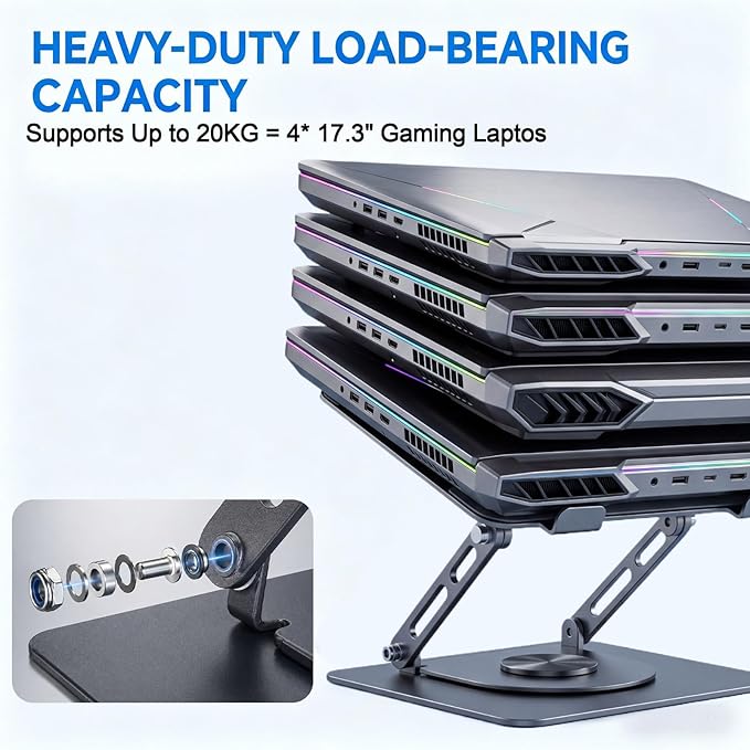 Leeboom Adjustable Laptop Stand for Desk, Ergonomic Height Adjustable Riser, 360° Rotating & Foldable, Ventilated Cooling, Fits Up to 17.3” Laptops (Including Gaming Laptops), Dark Silver