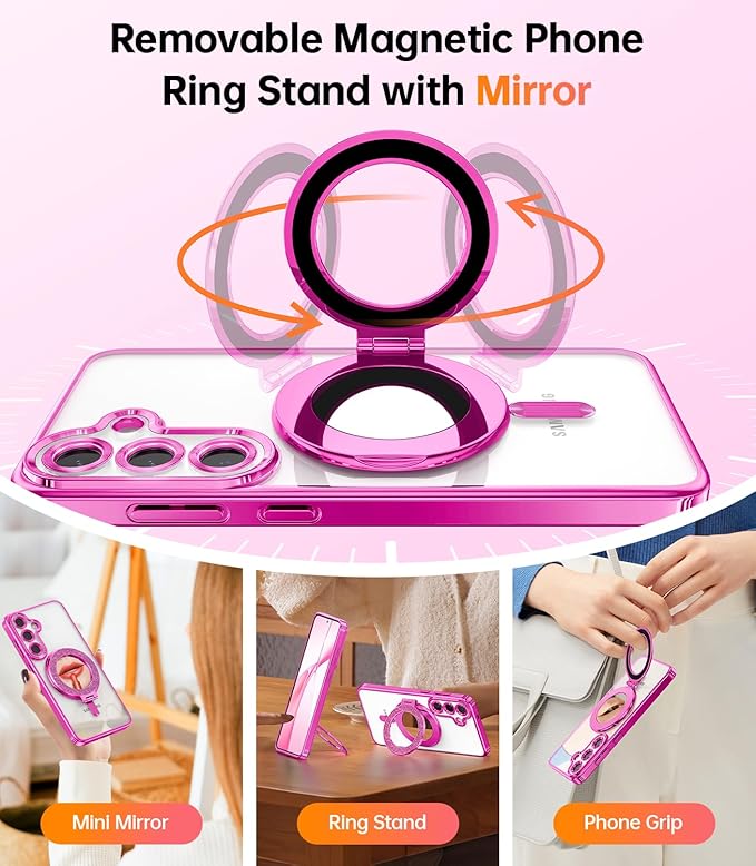 Meifgino Magnetic Case with Removable Phone Ring Stand for Samsung Galaxy S25 Plus, [Glitter Card & Wrist Strap] [MagSafe Compatible] [Built in Mirror] Phone Ring Stand + Phone Case Kit, Hot Pink