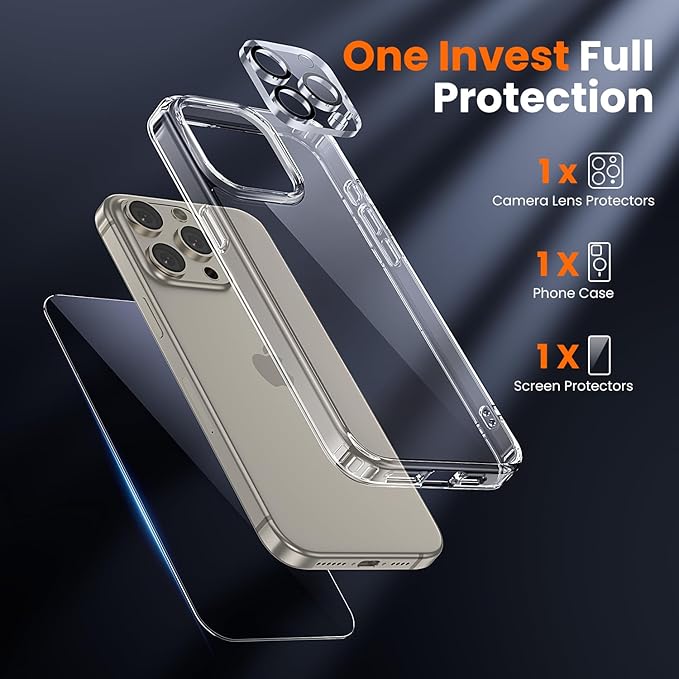 toushion 3 in 1 for iPhone 15 Pro Max Case Clear,[Yellowing-Resistant Acrylic Back] Screen Protector *1 & Camera Lens Protector*1, Shockproof for iPhone 15 Pro Max Phone Case 6.7 inch Clear