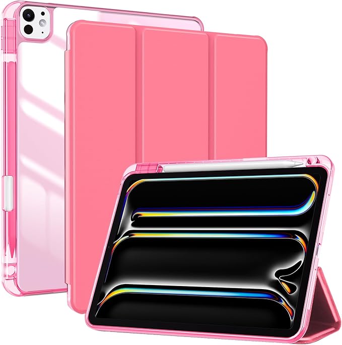 ProCase for iPad Pro 13 Inch Case M5 2025/ M4 2024 with Pencil Holder, Slim Stand Clear Shell Back, Shockproof Cover iPad Pro M5 M4 Case 13 Inch, Supports Touch ID, Auto Wake/Sleep -MelonPink