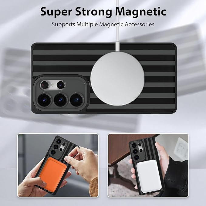 KANGHAR Compatible with Samsung Galaxy S25 Ultra Case, Support for MagSafe, Silicone Stripes Cute Pattern, Wristband Kickstand Camera Protection Soft Slim Cover for Girls Women -Black