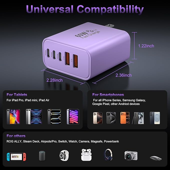 USB C Fast Wall Charger Block, 2Pack 60W USBC Charging Cubes, 5-Port PD+QC Power Adapter Multiport Brick Type C Box Plug for Phone 17/16/15/14/13/12/11/Pro Max/Plus, Pad Mini/Pro/S25/S24-Lavender