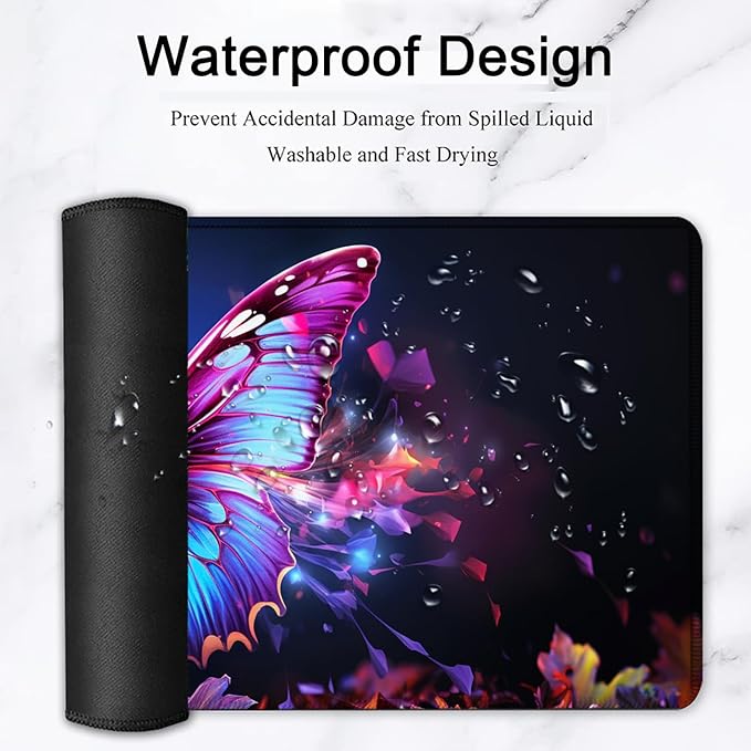 Large Mouse Pad, 31.5 x 11.8in Extended Gaming Mouse Pad with Stitched Edges, XXL Mousepad Protector Non Slip Rubber Base for Office and Home Writing Mat, Colorful Butterflies Pattern Black Desk Mat