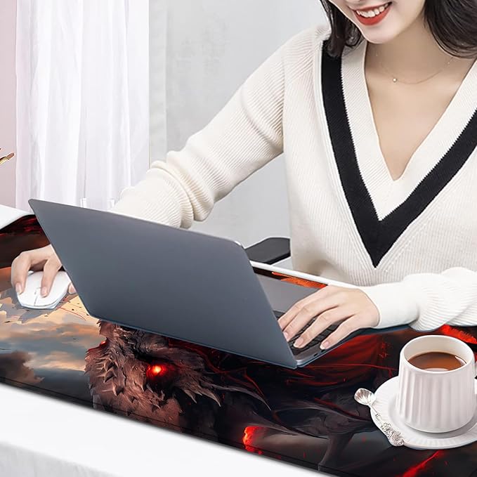 Large Mouse Pad, 31.5 x 11.8in Extended Gaming Mouse Pad with Stitched Edges, XXL Mousepad Protector Non Slip Rubber Base for Office and Home Writing Mat, Anime Fire Dragon Pattern Black Desk Mat