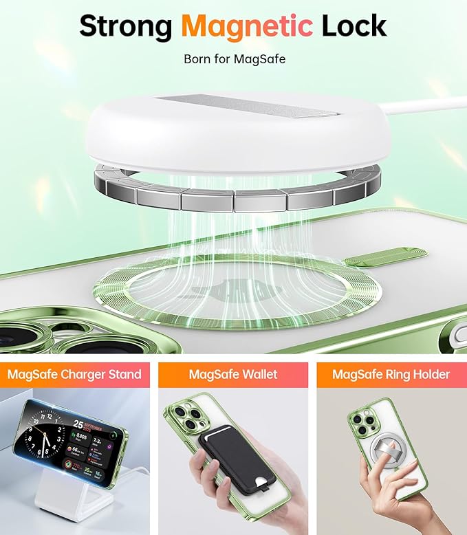 Meifigno Case Designed for iPhone 16 Pro 6.3 Inch, [Compatible with MagSafe] [2X Screen Protectors] [Glitter Card & Wrist Strap] Surround Lens Protection Designed for iPhone 16 Pro Case, Grass Green