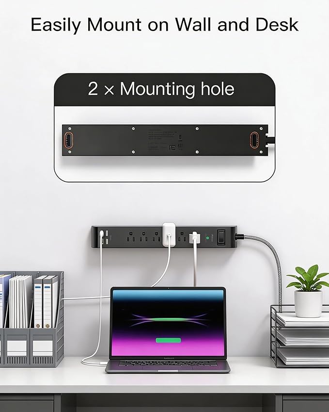 Surge Protector Power Strip 10FT, 10-in-1 with 6 AC Outlets 4 USB Ports(2 USB-C), Ultra Flat Plug Braided Extension Cord, Wall Mountable, 1080J Surge Protection, ETL Listed, Black