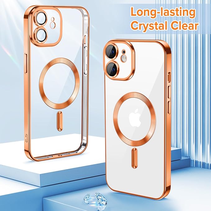 Hython Magnetic Clear for iPhone 11 Case with Camera Lens Protector [Compatible with MagSafe] Luxury Plating Edge Slim Soft TPU Cover Protective Phone Case for iPhone 11 6.1", Orange