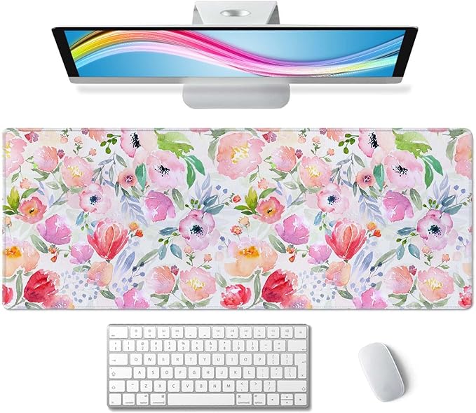 Watercolor Floral Botanical Pattern Desk Mat, Extended Big Mouse Mat for Home and Office, Large Gaming Mousepad Laptop Keyboard Mat with Non-Slip Rubber Base, Stitched Edges (31.50"x11.8"x0.12")