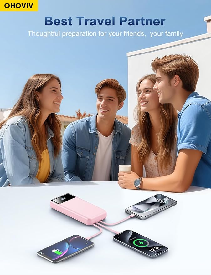 OHOVIV Portable Charger Power Bank 50000mAh Battery Pack, 22.5W Fast Charging PowerBank with Built in Cables,Travel Essential USB-C Portable Phone Charger for iPhone Samsung Pixel Android iPad-Pink