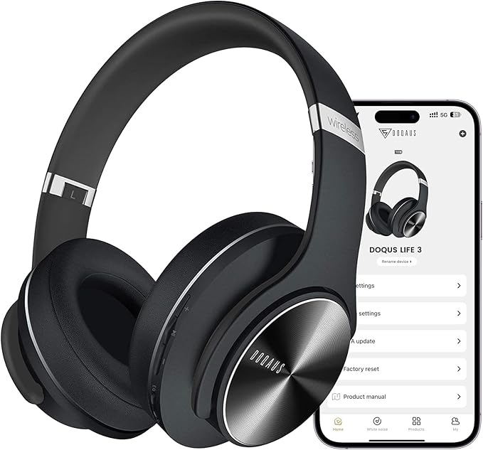 DOQAUS Bluetooth Headphones Over Ear, 90H Playtime Wireless Headphones with App Control, 9 EQ, Deep Bass, HiFi Stereo Sound, Headset for Travel Commute Gym and Study, Foldable Memory Foam