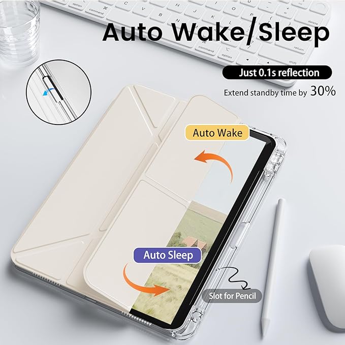 Clear Case for iPad mini 7 A17 Pro 8.3 Inch, iPad mini 7th/6th Generation Case (2024/2021),Slim Shockproof Transparent Back,Y-Shaped Mutil Angles Folding,Supports Pencil Pro&USB-C (Cream White)