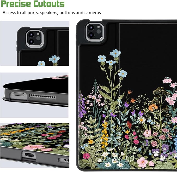 for iPad Air 11 Inch Case M4/M3/M2 2026, for iPad Air 5Th/4Th Gen Cases 10.9-inch,for iPad Pro 11 Inch Case 4Th/3Rd/2Nd/1St Generation Typing Stand 4 Viewing Stand,Pencil Holder, Black Flower