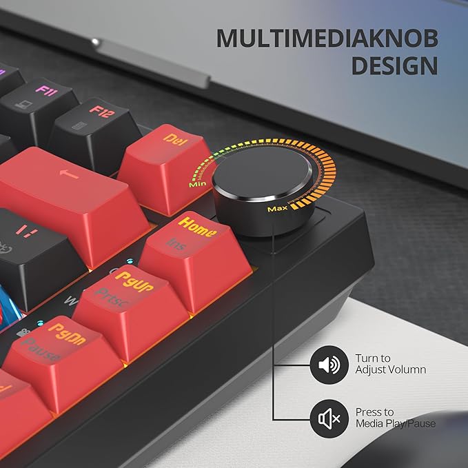 75% Mechanical Gaming Keyboard with Hot Swappable RGB Backlit Custom Knob, Gasket Mount USB Wired Keyboard, 82 Red Black Linear Red Switch Keys