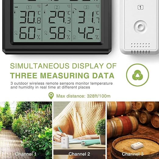 KeeKit Indoor Outdoor Thermometer, Temperature Humidity Monitor with 3 Wireless Sensors, Hygrometer Meter Gauge with LCD Backlight, Min/Max Record for Home, Office, Restaurants, Bars – Black