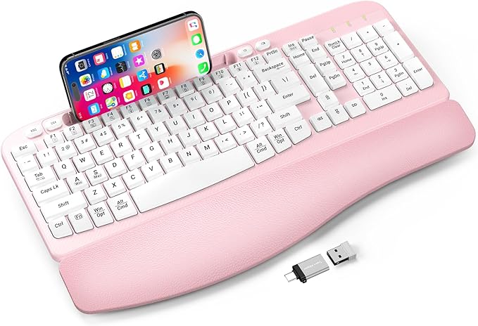 Ergonomic Wireless Keyboard with Cushioned Wrist Rest, Wave Keys, Phone Holder, Comfortable Natural Typing, 2.4GHz Full Size Cordless USB Computer Keyboard for Windows, Mac OS, Laptop, PC (Pink)
