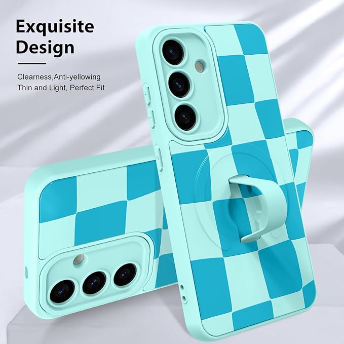 KANGHAR Compatible with Samsung Galaxy S25 Case, Support for MagSafe, Silicone Checkered Cute Pattern, Wristband Kickstand Camera Protection Soft Slim Cover for Girls Women -Blue