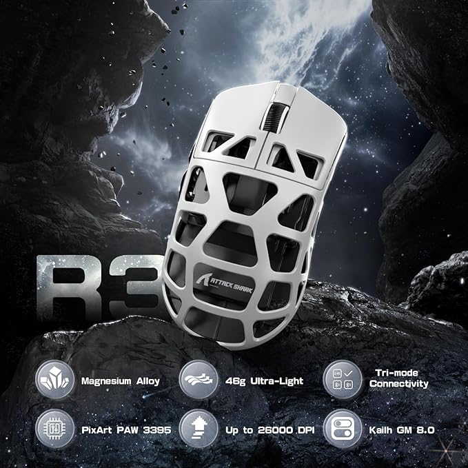 FELICON x Attack Shark R3 Magnesium Alloy Wireless Gaming Mouse, 46g Ultra-Lightweight Skeletal Shell, PAW3395 26K DPI, 8K Polling, Tri-Mode 2.4G/BT/Wired, for PC Mac Laptop - White