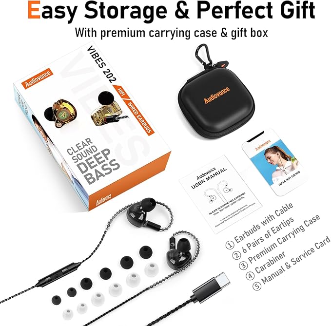 Vibes 202MC USB-C Wired Earbuds - USBC HiFi in Ear Headphones for iPhone 17/16/15 - Noise Isolating Ear Buds w/ Mic - Clear Sound, Deep Bass & Comfort-Fit Earphones - Silver Plated Cord, Carrying Case