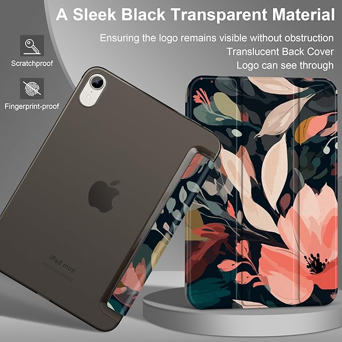 DONGKE for iPad mini 7 (A17 Pro) 2024 & iPad mini 6 2021 8.3 Inch, Slim Foldable Stand Hard PC Translucent Back Shell Smart Cover for iPad mini 7th/6th Generation [Auto Wake/Sleep] - Painted Florals
