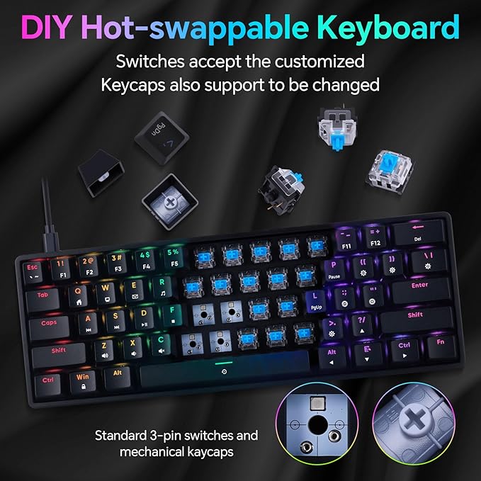 Mechanical 60% Gaming RGB Keyboard 61 Keys Wired USB DIY Customize Backlight Macro keypad Ultra-Compact Blue Switches Compatible with Windows Mac Linux Laptop PC Computer(Black)