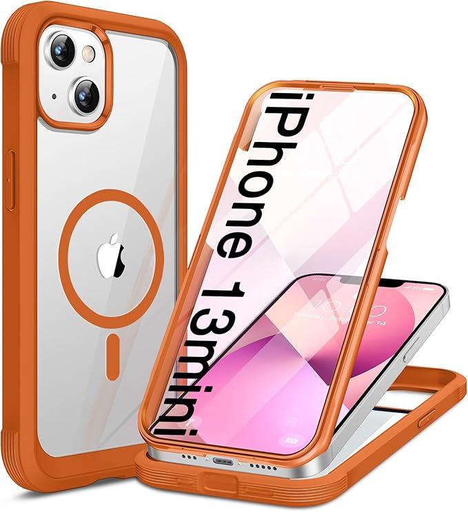 Miracase for iPhone 13 mini Case 5.4",Full-Body Protection,Clear Bumper Case with Built-in 9H Tempered Glass Screen Protector,Military-Grade Drop Protection Outdoor Phone Case for 13 mini,Orange