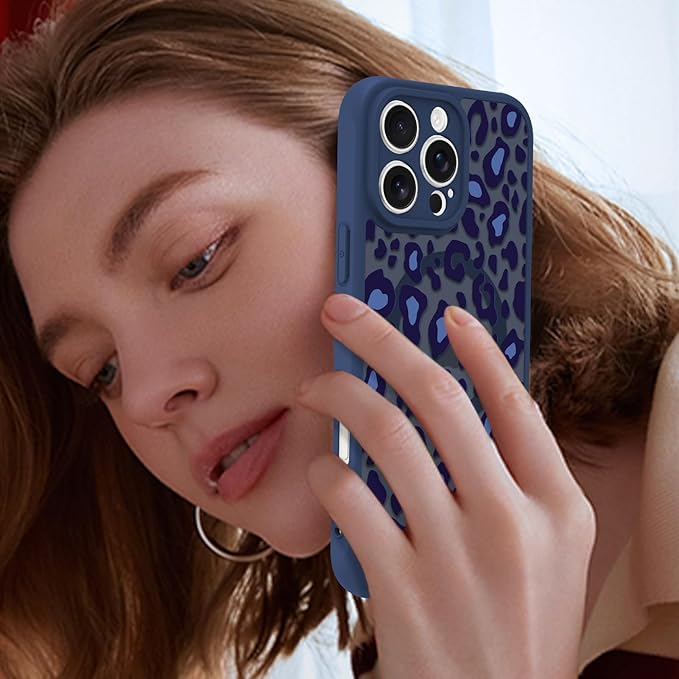 KANGHAR Case for iPhone 16 Pro Max Blue Leopard Printed Pattern Cute Cheetah [Compatible with Magsafe] Protective Magnetic Case for Girls Women 6.9"