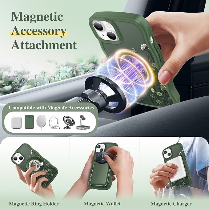 GVIEWIN Cute for iPhone 14 Case & iPhone 13 Case [Compatible with MagSafe][Curly Wave Edge]Floral Translucent Magnetic Shockproof Protective Phone Cover for iPhone 14/13 6.1'', Floratopia/Forest Green