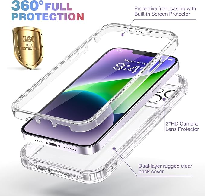 Diaclara Designed for iPhone 14 Case, Full Body Rugged Case with Built-in Touch Sensitive Anti-Scratch Screen Protector, with Camera Lens Protector for iPhone 14 6.1" (Clear)