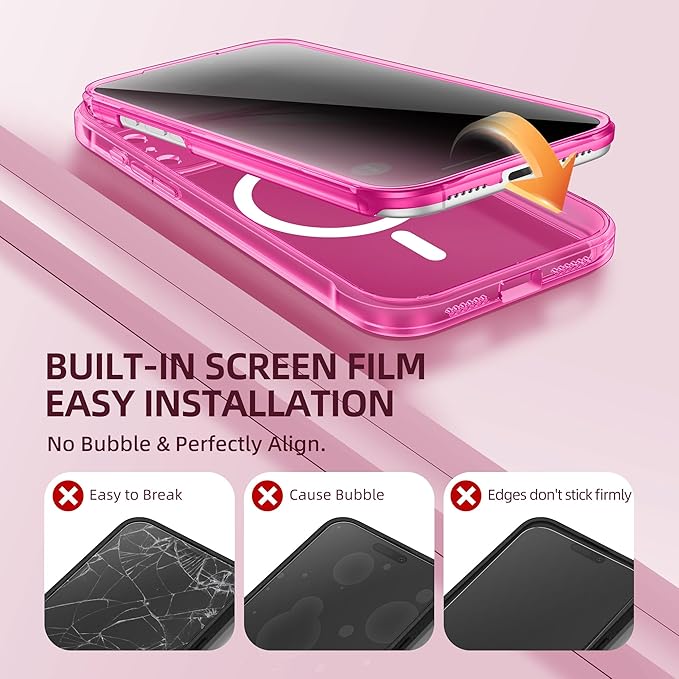 BERFY for iPhone 17 Pro Max Case, Compatible with MagSafe, Built-in Privacy Screen Protector, Camera Protection, Shockproof Full Body Phone Case 6.9", Clear Bright Pink