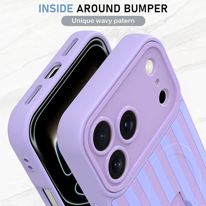 KANGHAR Compatible with iPhone 17 Pro Case, Support for MagSafe, Silicone Stripes Cute Pattern, Wristband Kickstand Camera Protection Soft Slim Cover for Girls Women -Purple
