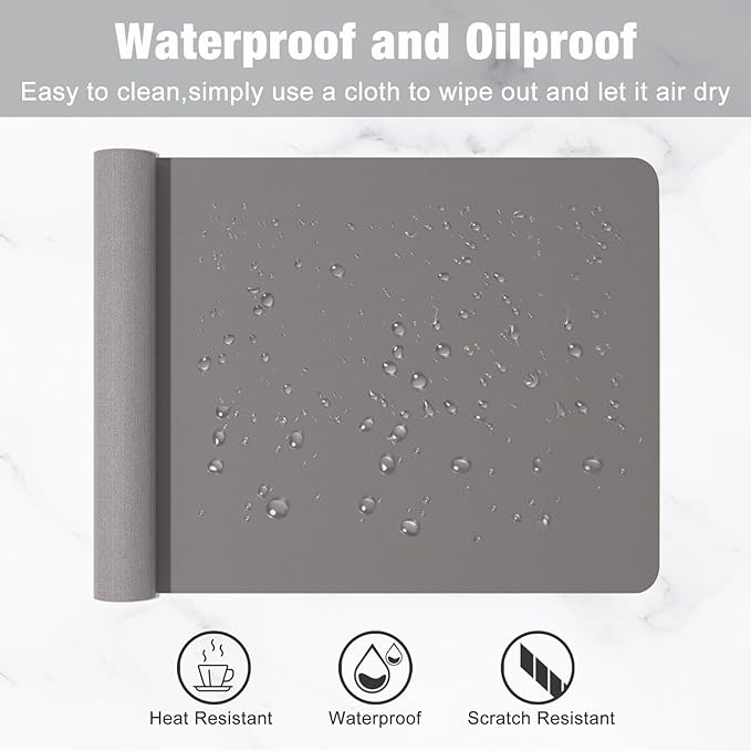 Hsurbtra Desk Pad, 23.6" x 13.8" PU Leather Desk Mat, M Extended Mouse Pad, Waterproof Desktop Blotter Protector, Non-Slip Ultra Thin Small Laptop Keyboard Writing Mat for Office Home, Light Gray
