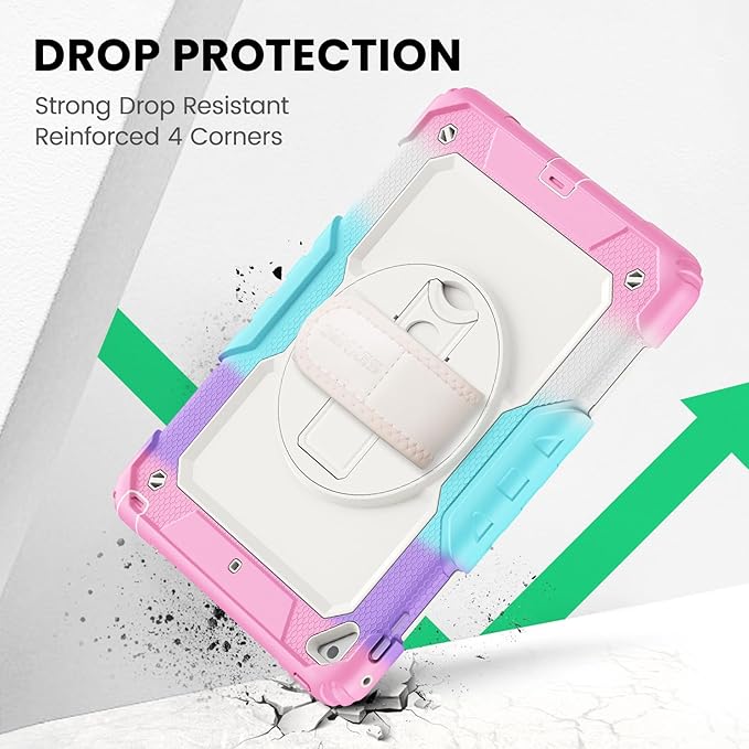 SEYMAC Case for iPad 6th/5th Generation 9.7 Inch, Full-Body Shockproof Heavy Duty Protective Case with Screen Protector, Rotating Stand/Hand/Shoulder Strap for iPad Air 2/ Pro 9.7, Colorful Pink