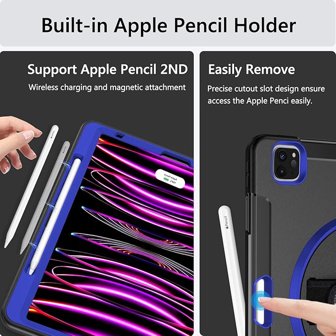 Miesherk Military Grade Heavy Duty Shockproof Case for iPad Pro 12.9 Inch 6th/5th/4th Generation with Pencil Holder, Rotating Stand, and Hand Strap - Blue