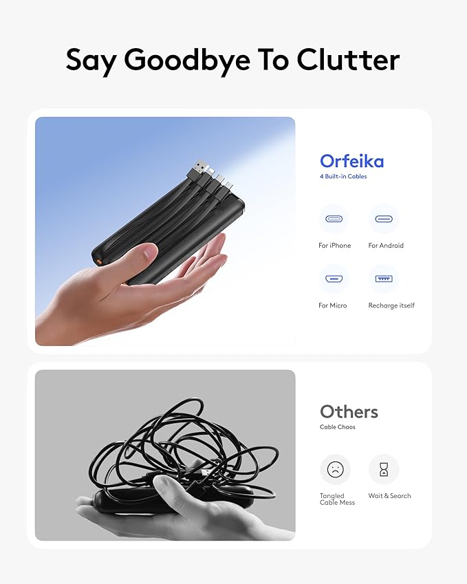 Orfeika Portable Phone Charger, 10000mAh Portable Charger Power Bank with Built-in Cables, Travel Essential Battery Pack Compatible with iPhone, Samsung, Google, iPads, Tablets, etc