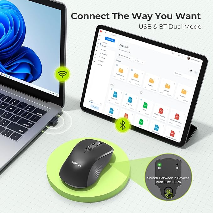 seenda Bluetooth Wireless Mouse, Bluetooth & 2.4G USB Dual Mode, Quiet Clicks, 1600 DPI Smooth Tracking, Ergonomic Design, 24-Months Battery Life, Portable Mouse for Laptop/Mac/Ipad/PC/Tablet-Black