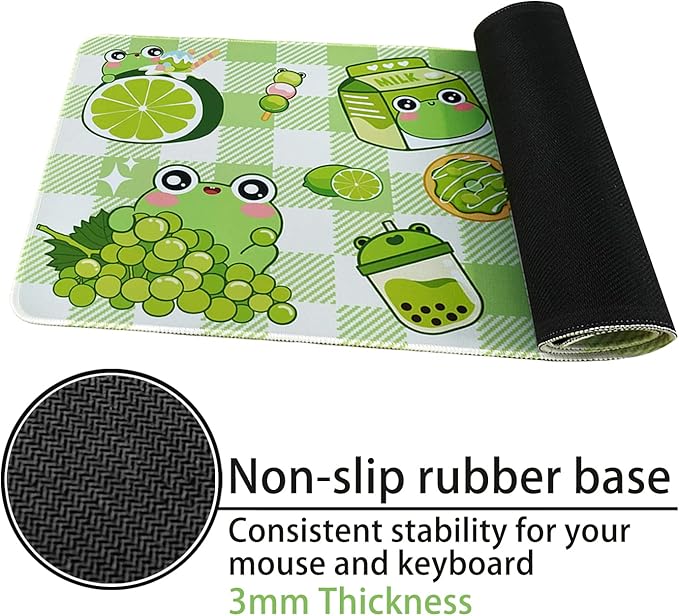 Kawaii Frog Gaming Mouse Pad for Desk, Extended Large Frog Donut Boba Milk Tea Mouse Pad, Green Mousepad XL, Long Big Mouse Mat, Kawaii Frog Decor Stuff Accessories, 31.5 X 11.8 Inch