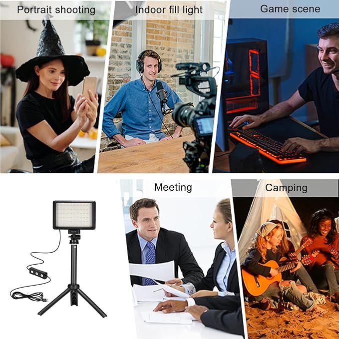 LED Video Light 2-Pack, 5600K Dimmable USB Photo Lights with Mini Tripod and Colored Filters for Photo Studios, Small Angle Shooting, Video Recording, Game Streaming